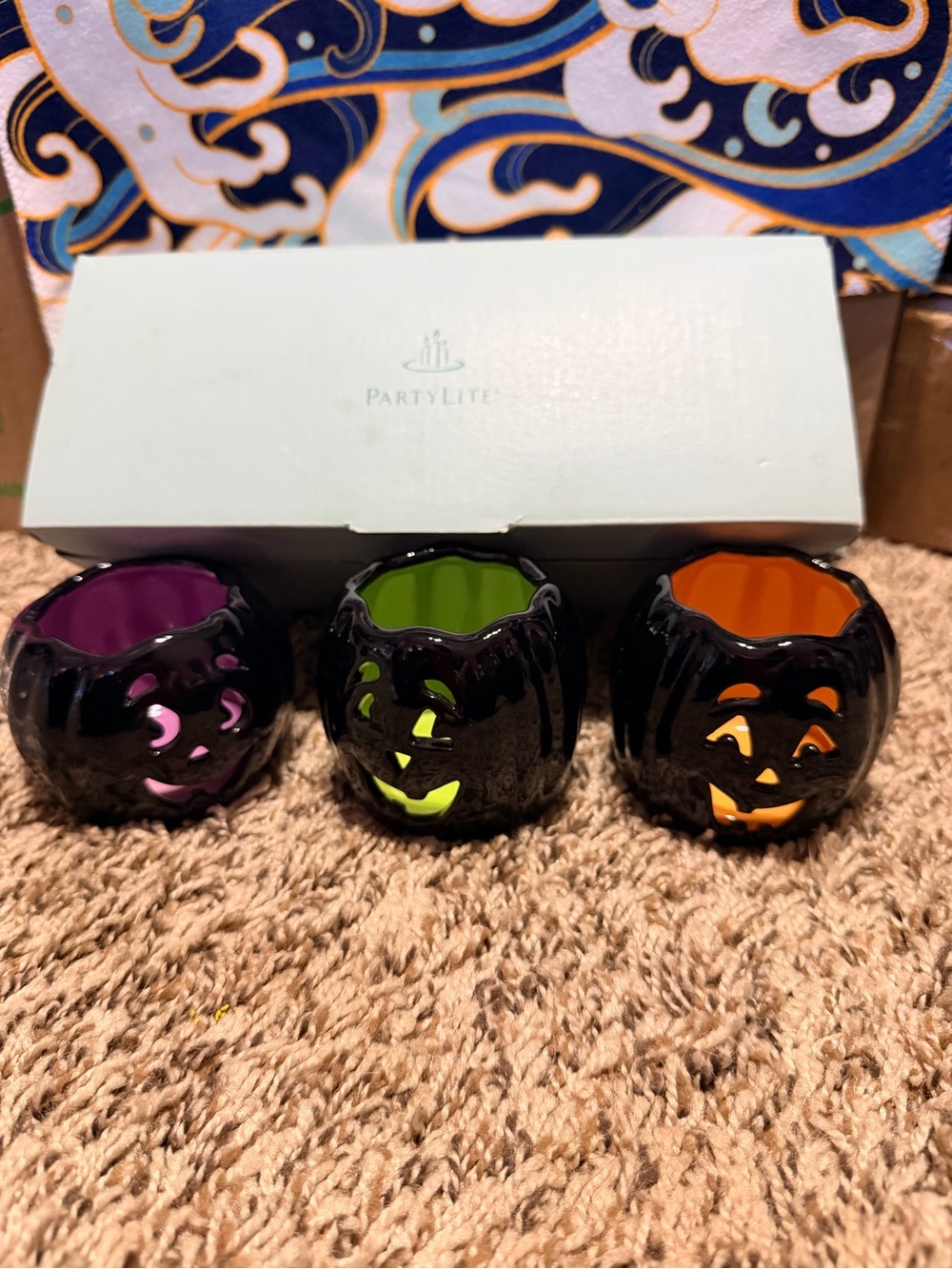 PartyLite Black Pumpkin Votive Trio with Purple, Green & Orange Interiors